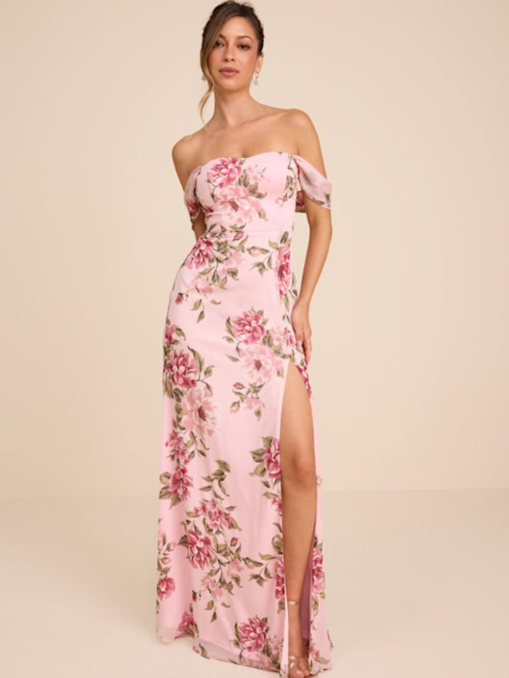 Lulus Magical Magnetism Light Pink Floral Off-the-shoulder Maxi Dress - Size S